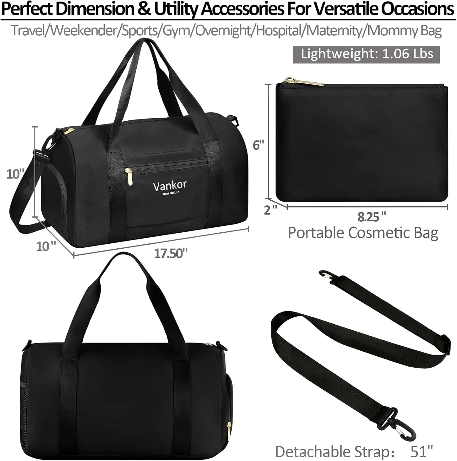 Gym Bag for Women with Shoe Compartment Waterproof, Sports Duffle Bag for Travel Duffel Weekender Carry on Beach Yoga Overnight Luggage Mommy Maternity Hospital Bag Black 17.5 Inch