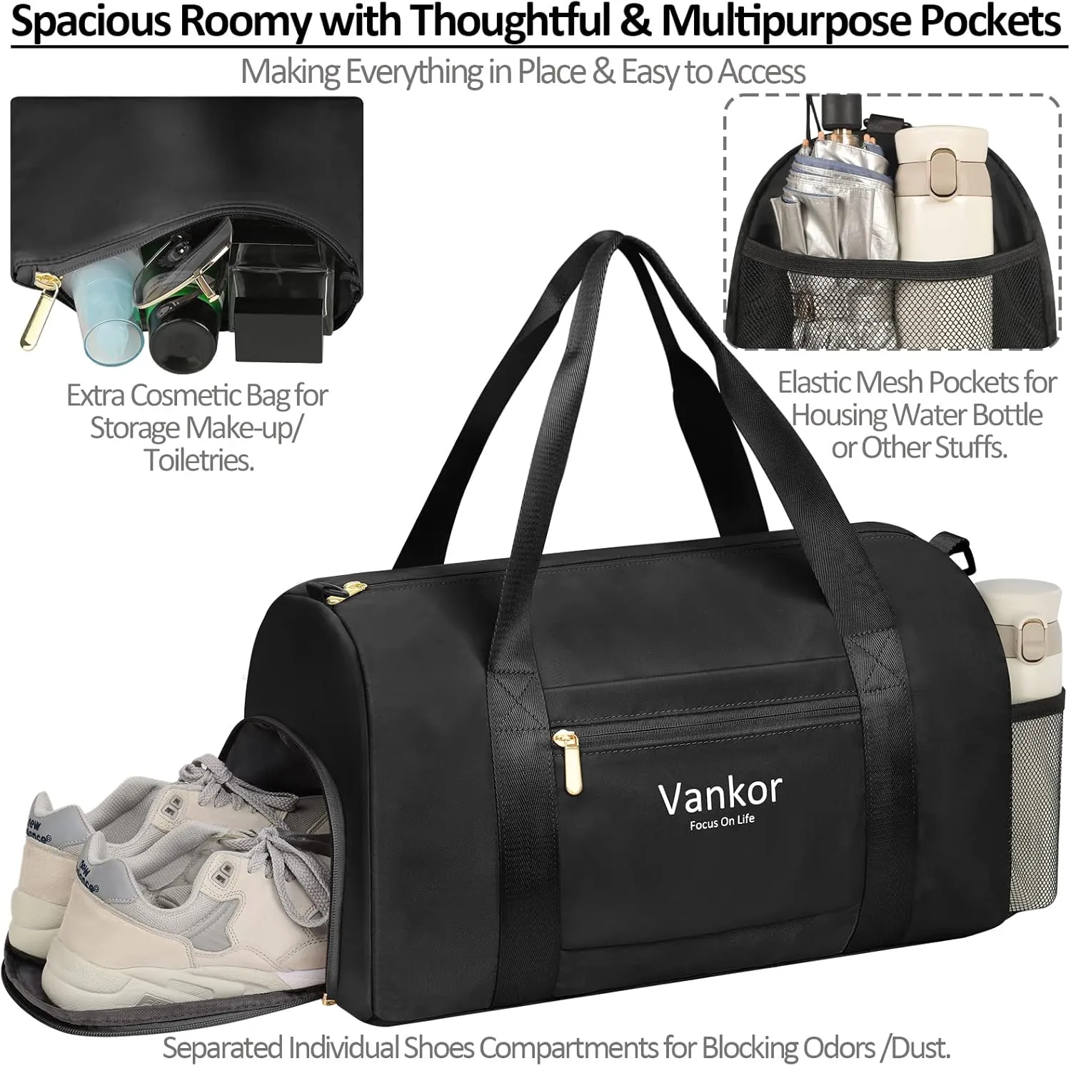 Gym Bag for Women with Shoe Compartment Waterproof, Sports Duffle Bag for Travel Duffel Weekender Carry on Beach Yoga Overnight Luggage Mommy Maternity Hospital Bag Black 17.5 Inch