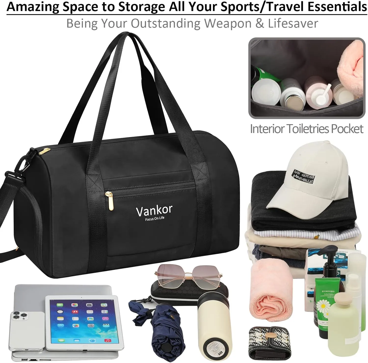 Gym Bag for Women with Shoe Compartment Waterproof, Sports Duffle Bag for Travel Duffel Weekender Carry on Beach Yoga Overnight Luggage Mommy Maternity Hospital Bag Black 17.5 Inch