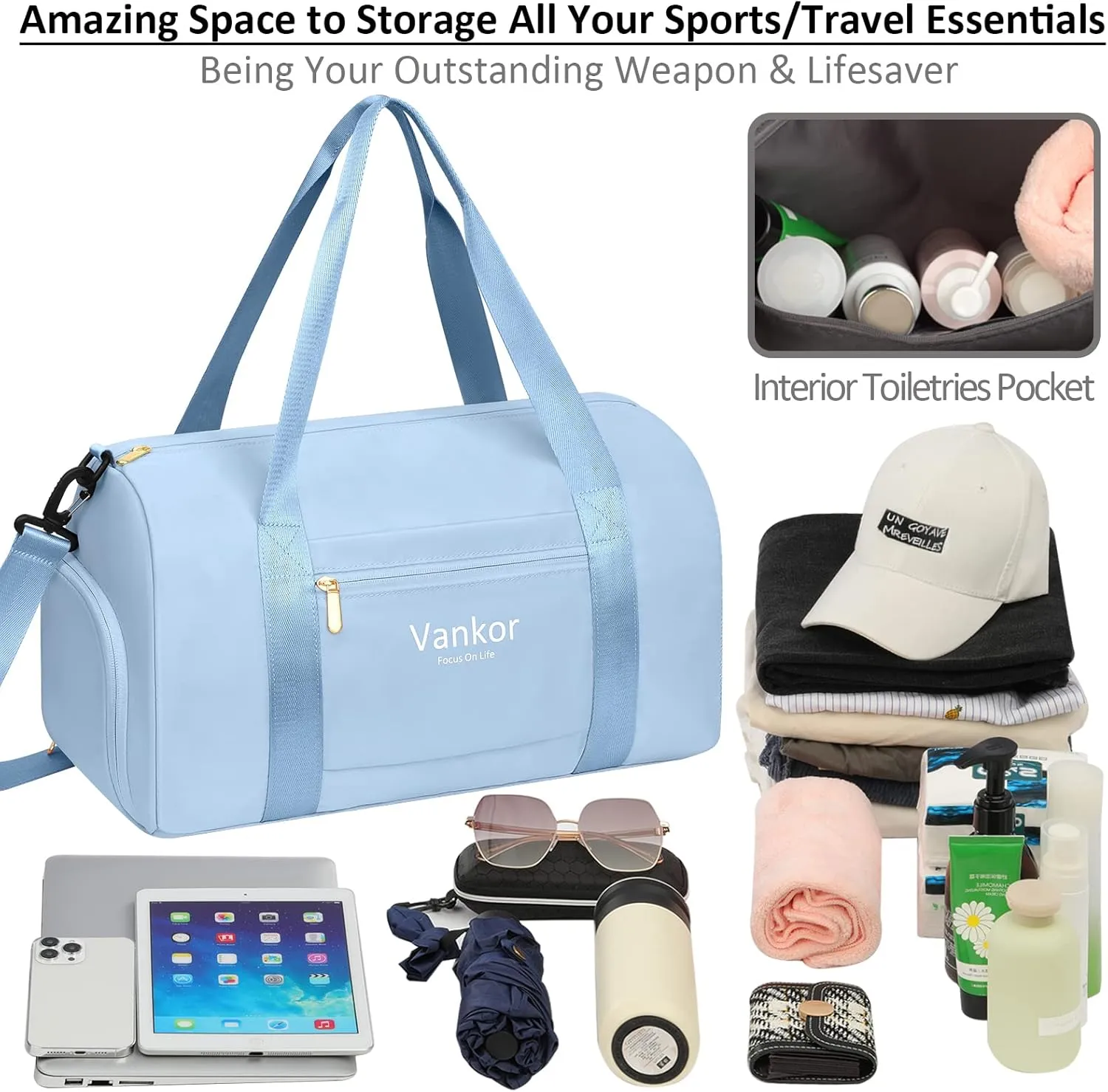 Gym Bag for Women with Shoe Compartment Waterproof, Sports Duffle Bag for Travel Duffel Weekender Carry on Beach Yoga Overnight Luggage Mommy Maternity Hospital Bag Blue 17.5 Inch