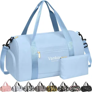 Gym Bag for Women with Shoe Compartment Waterproof, Sports Duffle Bag for Travel Duffel Weekender Carry on Beach Yoga Overnight Luggage Mommy Maternity Hospital Bag Blue 17.5 Inch