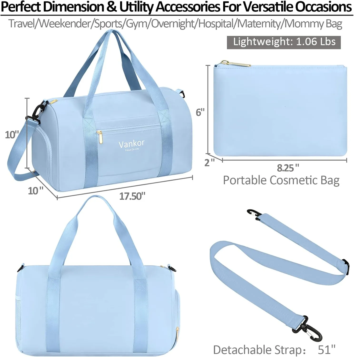Gym Bag for Women with Shoe Compartment Waterproof, Sports Duffle Bag for Travel Duffel Weekender Carry on Beach Yoga Overnight Luggage Mommy Maternity Hospital Bag Blue 17.5 Inch