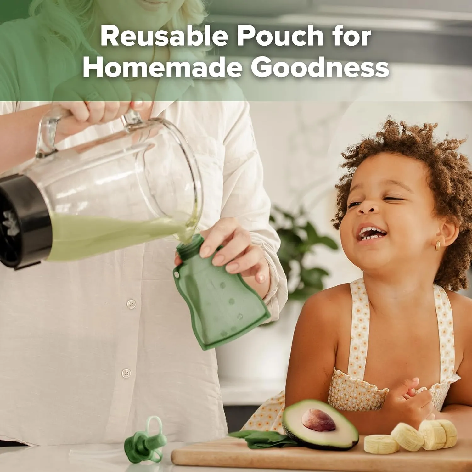 haakaa Baby Food Pouch Refillable Baby Squeeze Silicone Yummy Pouch, Soft Reusable Squeeze Storage Food Pouch for Kids Toddler,Home Made Food Puree,Smoothie Pouch Bag, 4oz, 4 Pack,6m (Pea Green)
