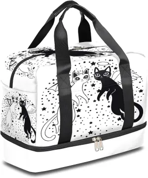 Halloween Cat Sports Gym Bag with Shoes Compartment,Black White Cat Stars Travel Duffel Bag for Men Women Boys Girls Teens Overnight Weekend Yoga Workout Bag Training Handbag
