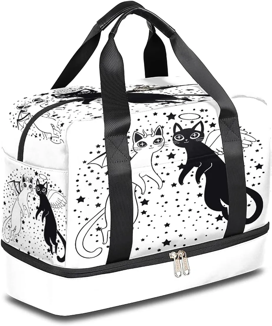 Halloween Cat Sports Gym Bag with Shoes Compartment,Black White Cat Stars Travel Duffel Bag for Men Women Boys Girls Teens Overnight Weekend Yoga Workout Bag Training Handbag