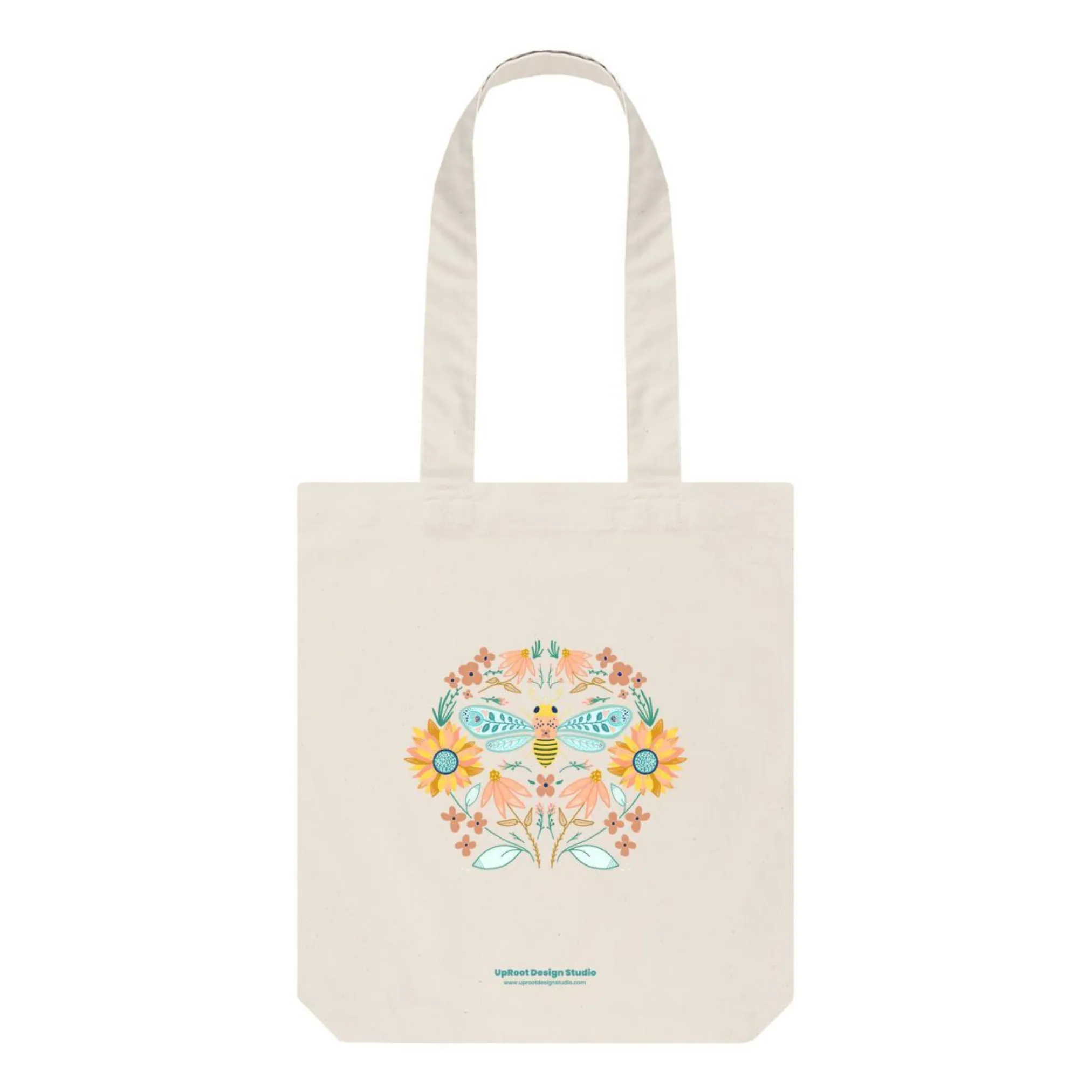 Hand-drawn Bee Folk Art Tote w. Wildflowers & Sunflowers Symmetrical Art (Celebrate Pollinators)