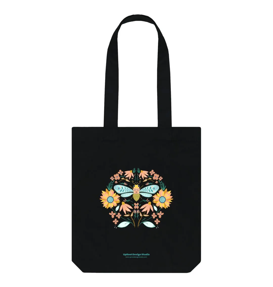 Hand-drawn Bee Folk Art Tote w. Wildflowers & Sunflowers Symmetrical Art (Celebrate Pollinators)