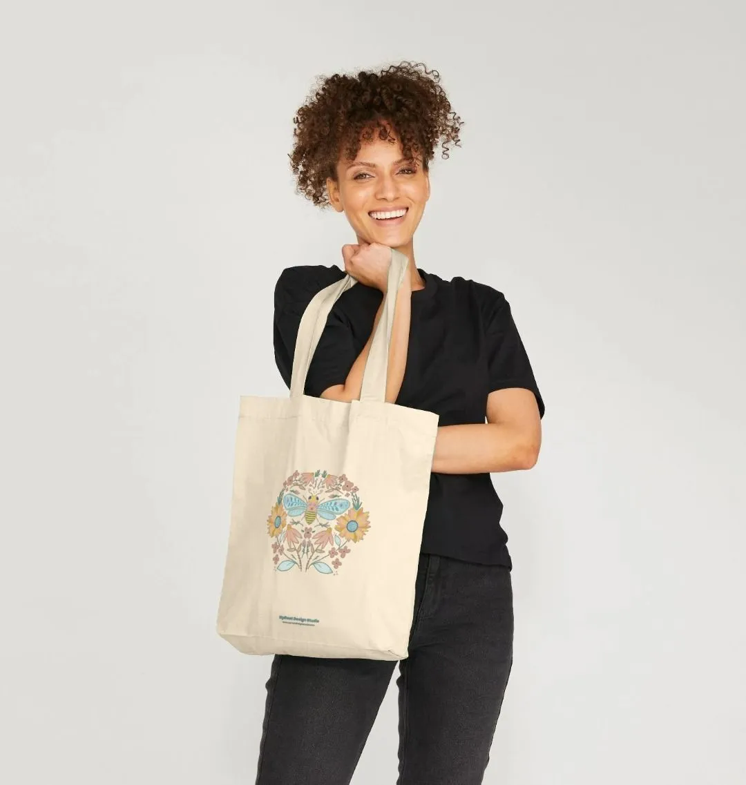 Hand-drawn Bee Folk Art Tote w. Wildflowers & Sunflowers Symmetrical Art (Celebrate Pollinators)