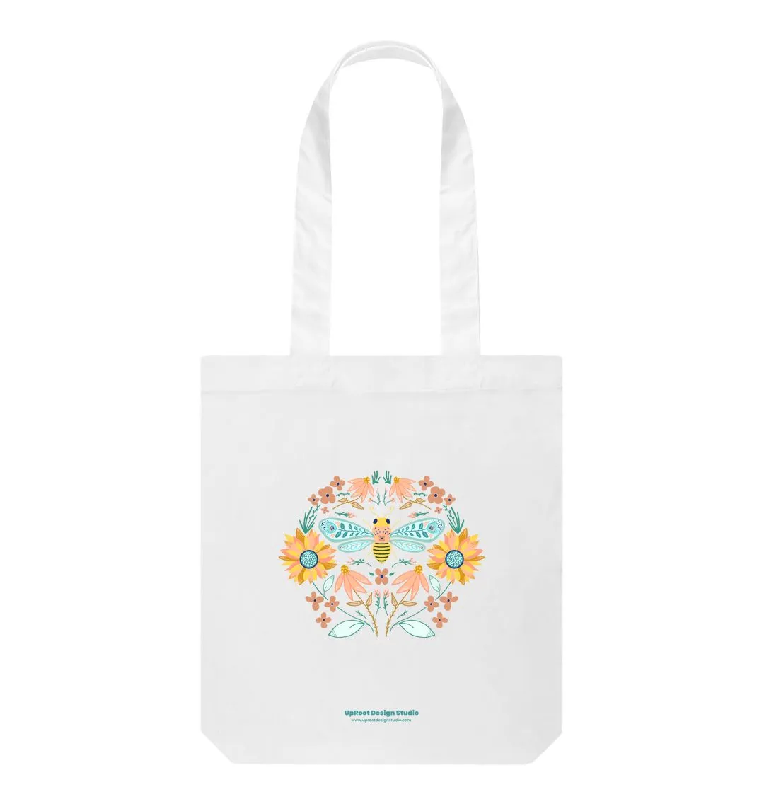 Hand-drawn Bee Folk Art Tote w. Wildflowers & Sunflowers Symmetrical Art (Celebrate Pollinators)