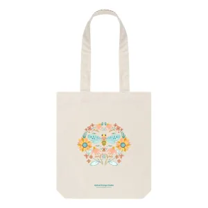 Hand-drawn Bee Folk Art Tote w. Wildflowers & Sunflowers Symmetrical Art (Celebrate Pollinators)