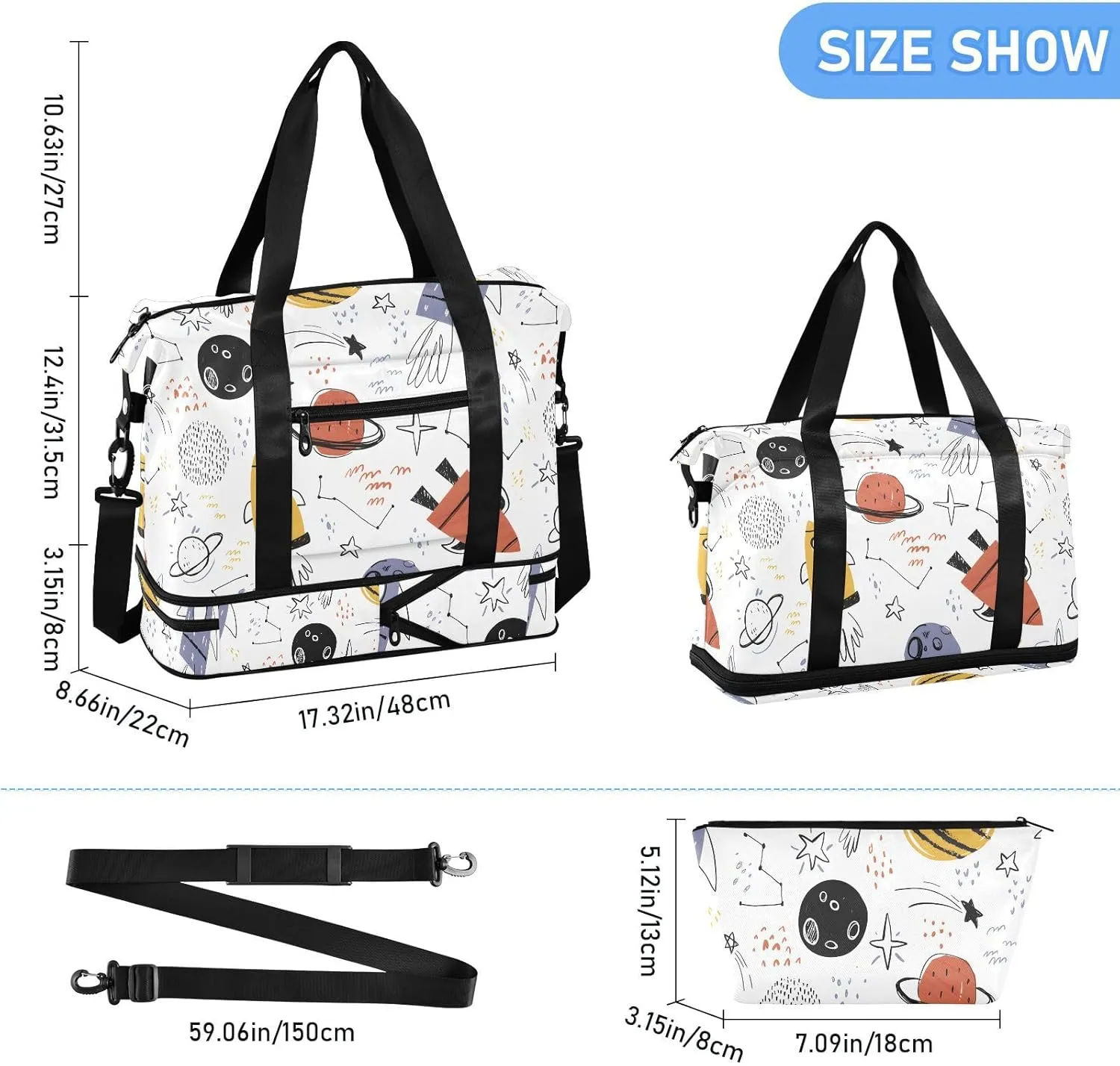 Hand Drawn Space Rockets Travel Bags for Luggage Expandable Womens Gym Bag, Carry on Duffel Bag