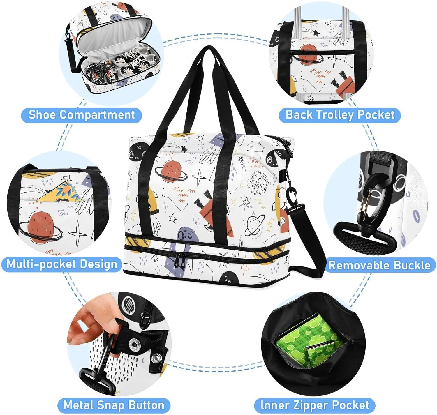 Hand Drawn Space Rockets Travel Bags for Luggage Expandable Womens Gym Bag, Carry on Duffel Bag