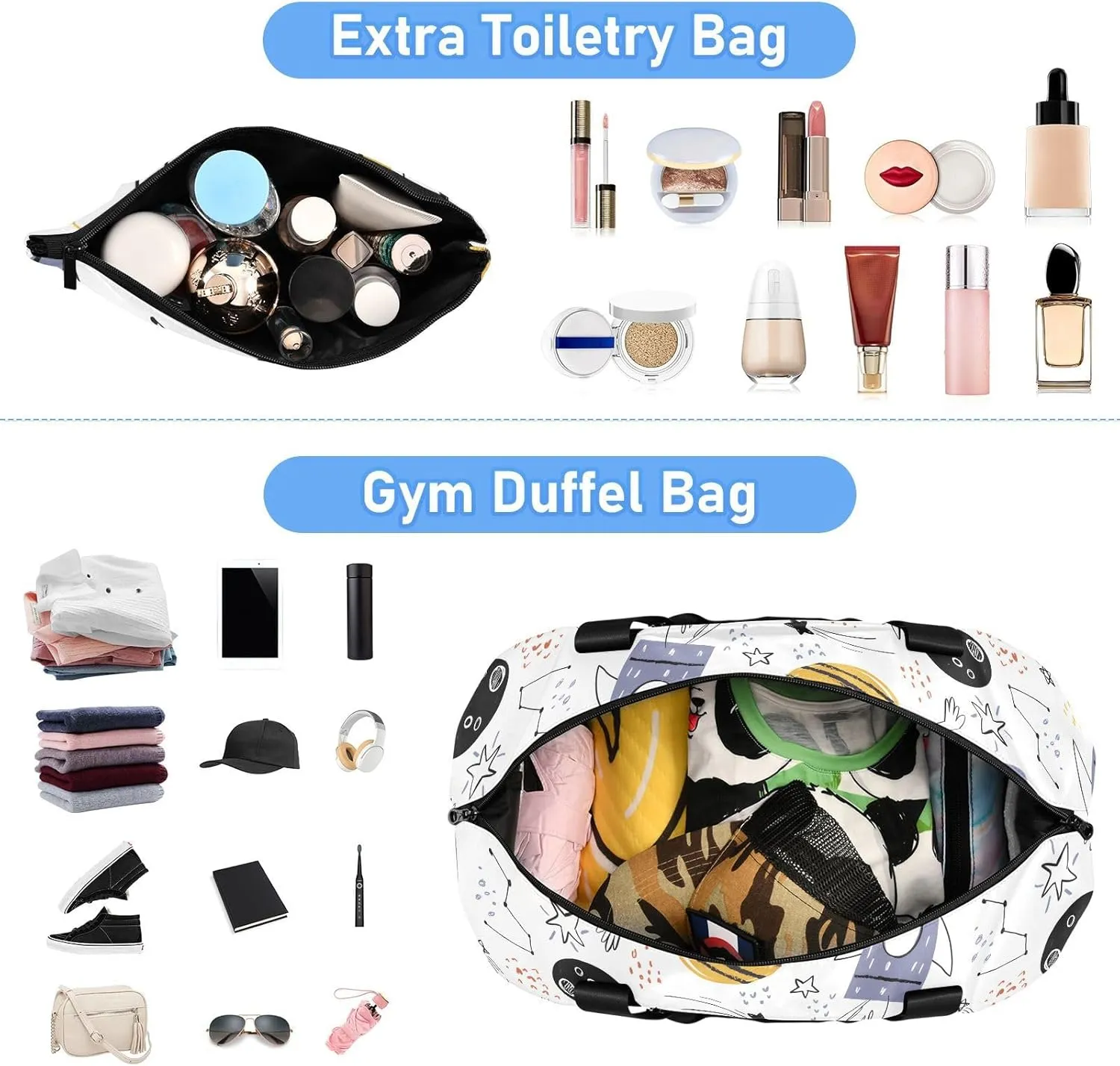 Hand Drawn Space Rockets Travel Bags for Luggage Expandable Womens Gym Bag, Carry on Duffel Bag