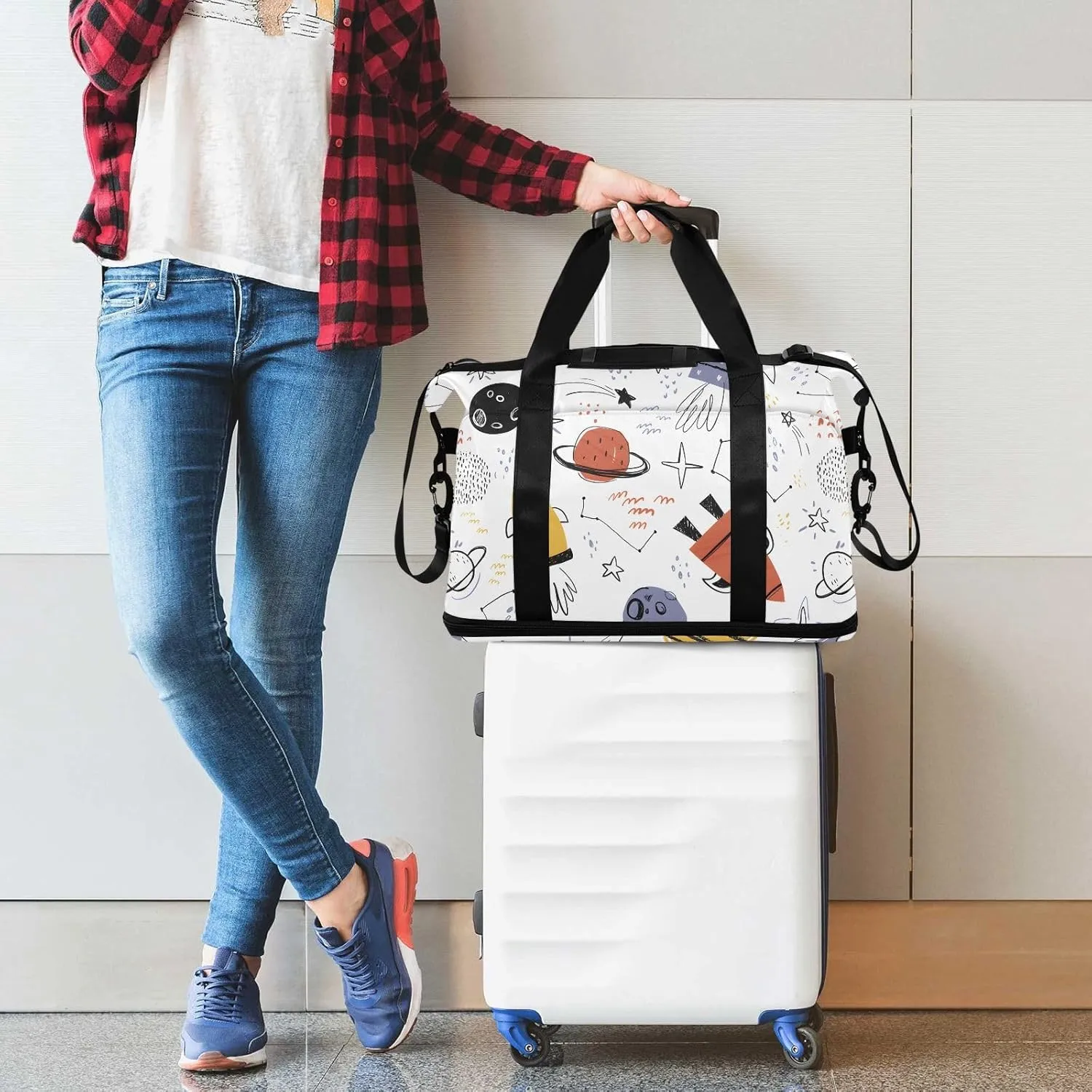 Hand Drawn Space Rockets Travel Bags for Luggage Expandable Womens Gym Bag, Carry on Duffel Bag