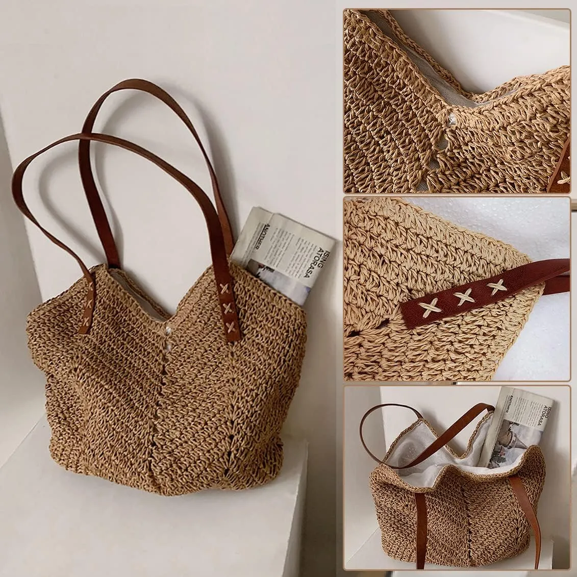 Hand-woven Soft Large Straw Shoulder Bag Retro Boho Tote Bags Summer Beach Bag Rattan Handbag