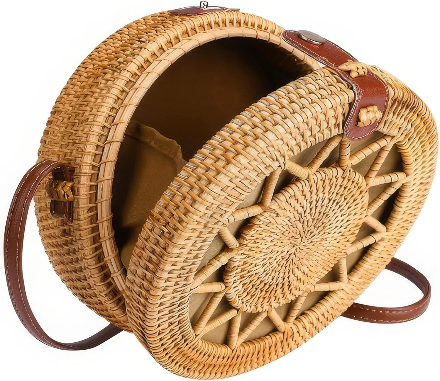 Handwoven Round Rattan Purse Crossbody – Straw Basket Wicker Bag for Women – Circle Summer Handbag