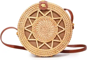 Handwoven Round Rattan Purse Crossbody – Straw Basket Wicker Bag for Women – Circle Summer Handbag