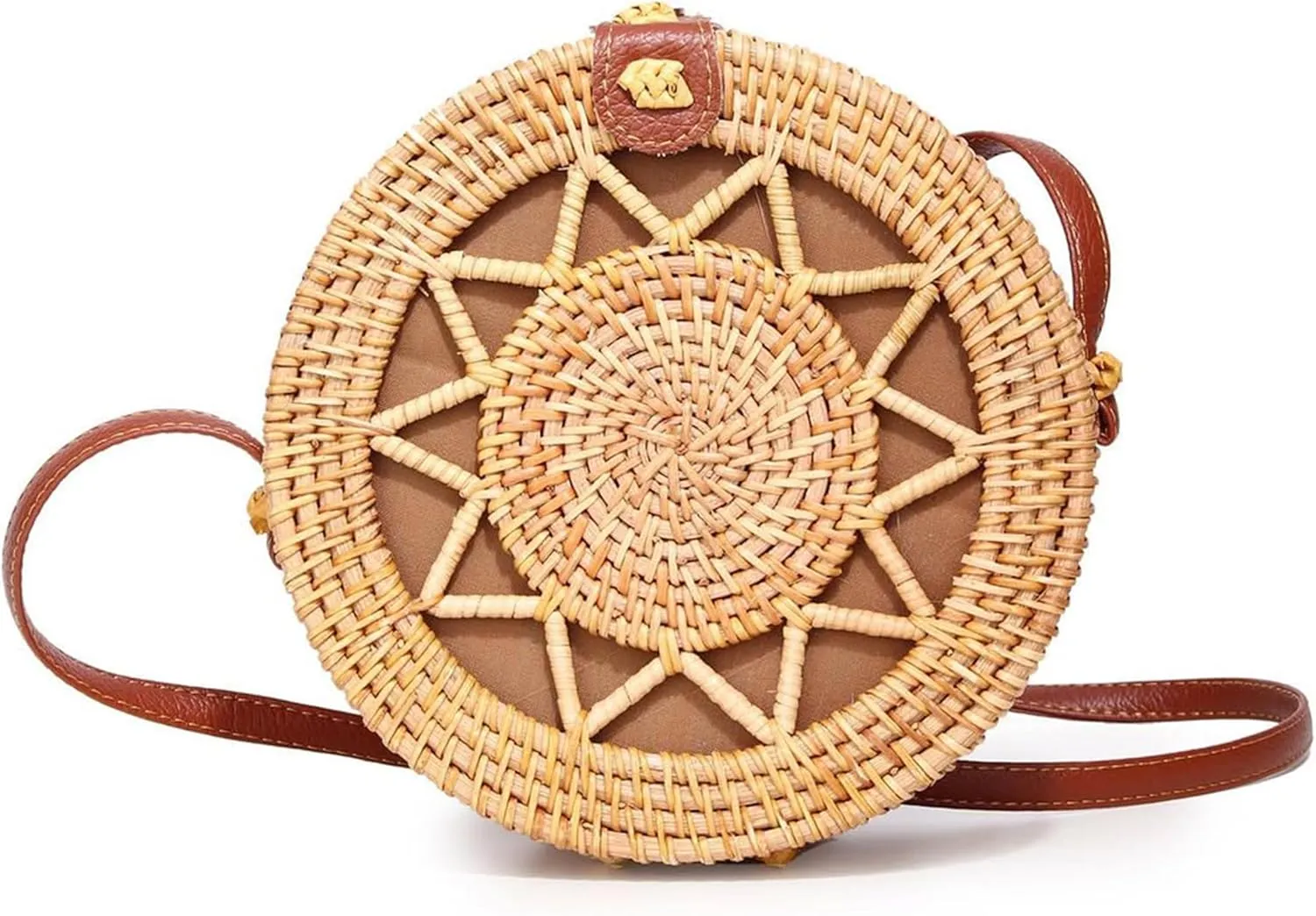 Handwoven Round Rattan Purse Crossbody – Straw Basket Wicker Bag for Women – Circle Summer Handbag