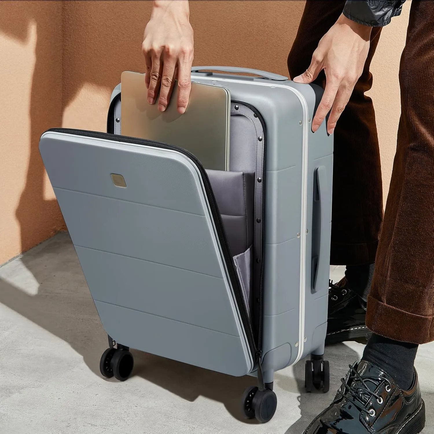 Hanke 20 Inch Carry On Luggage Airline Approved Hard Shell Suitcase with Spinner Wheels TSA Luggage Travel Suitcases Wide Handle for Men Women(Grey)