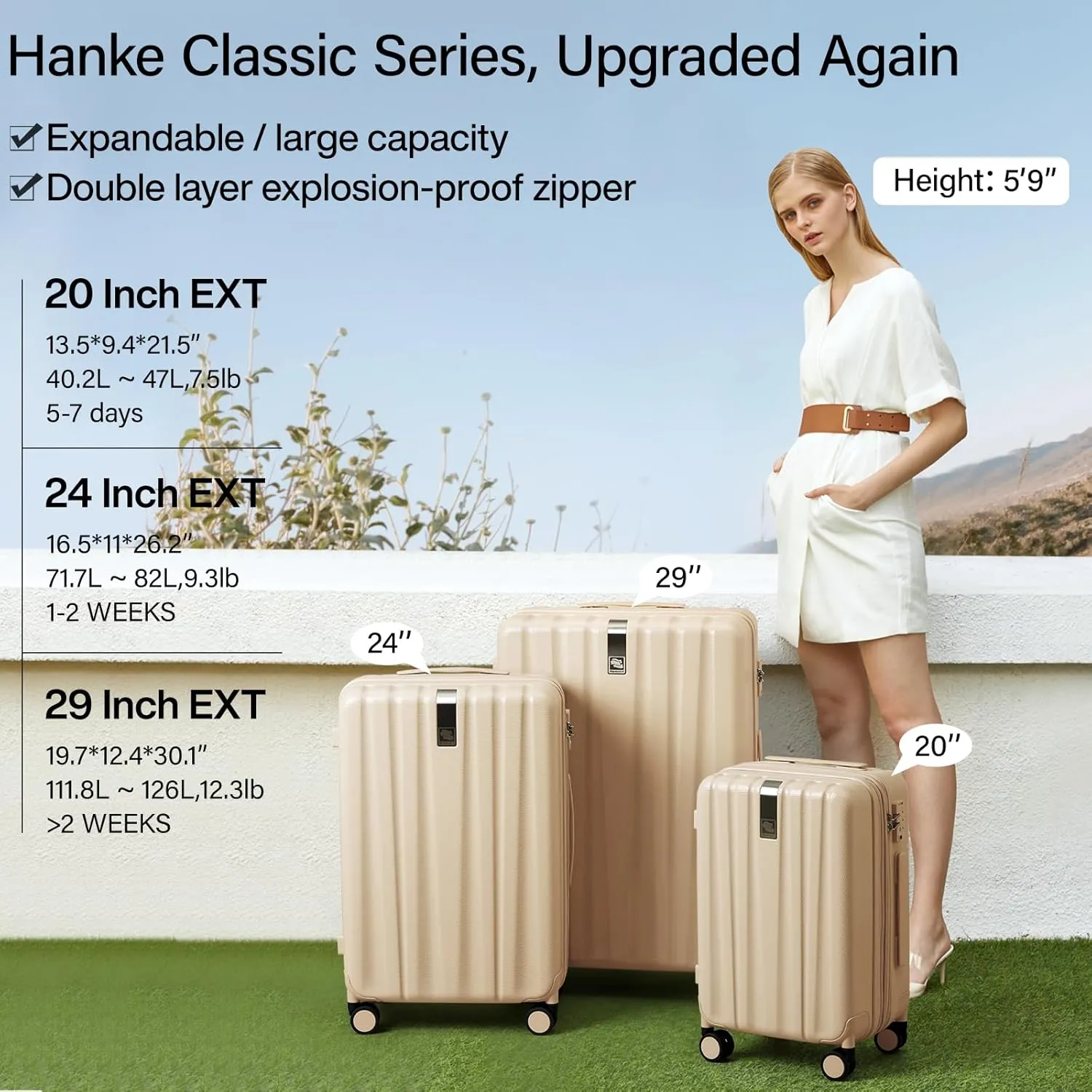 Hanke 29 Inch Expandable Checked Luggage Lightweight PC Hard Case Luggage Suitcases with Wheels Travel Luggage Rolling Large Suitcase Travel Luggage Bag for Study Abroad.(Cuba Sand Pink)
