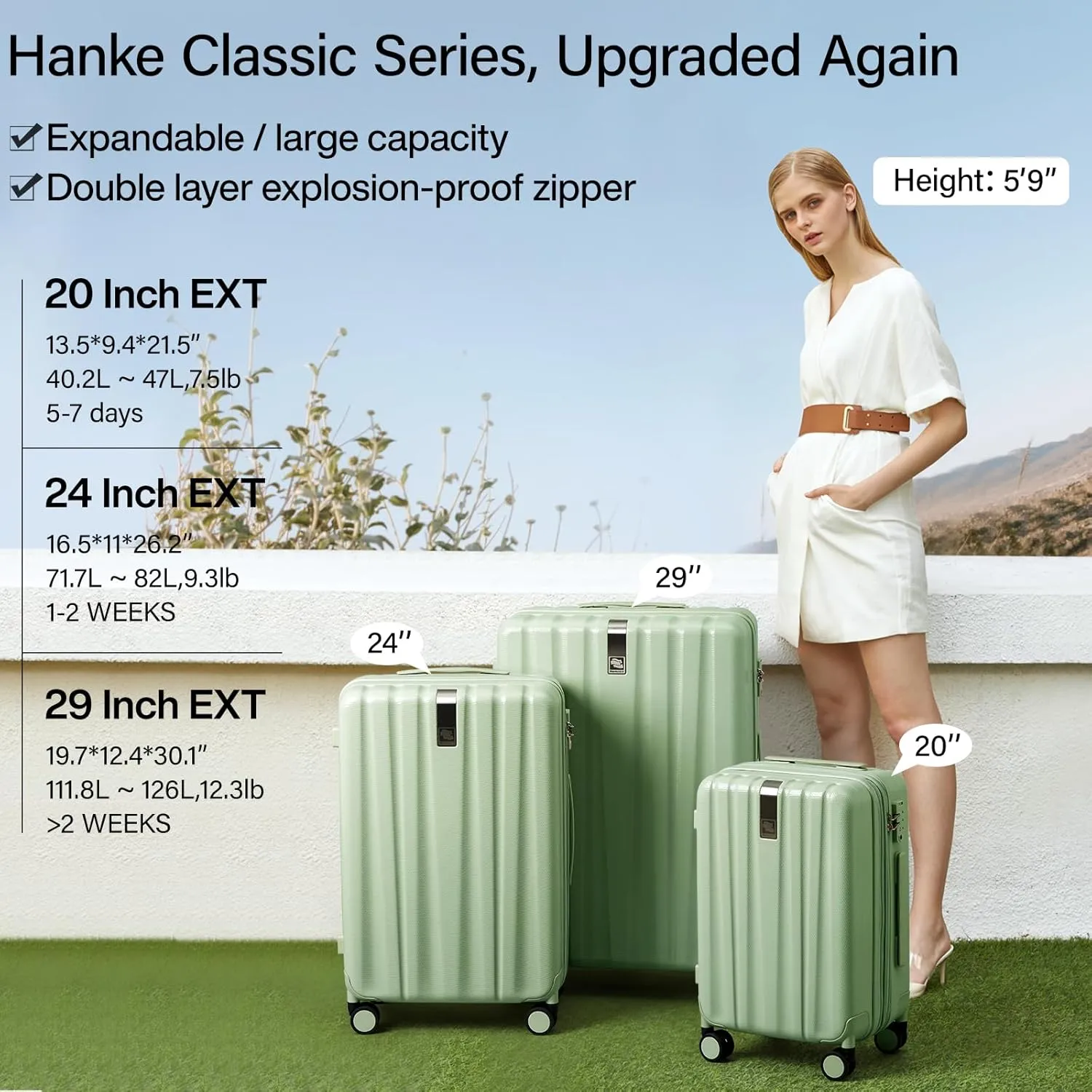 Hanke Expandable Hard Shell Luggage Sets 2 piece Carry on Luggage with Wheels Suitcases Lightweight Checked Travel Luggage Rolling Large Suitcase Travel Luggage Bag Woman Men 20/29 Inch(Bamboo Green)