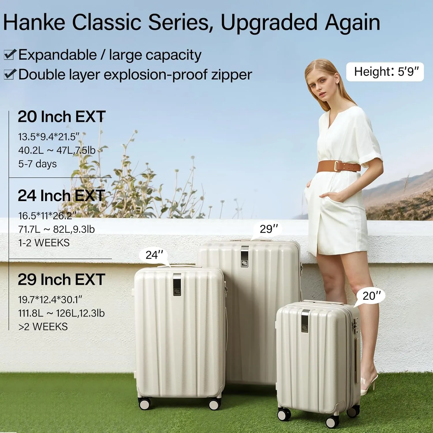 Hanke Expandable Hard Shell Luggage Sets 2 piece Carry On Luggage with Wheels Suitcases Lightweight Checked Travel Luggage Rolling Large Suitcase Travel Luggage Bag Woman Men 20/29 Inch(Ivory White)