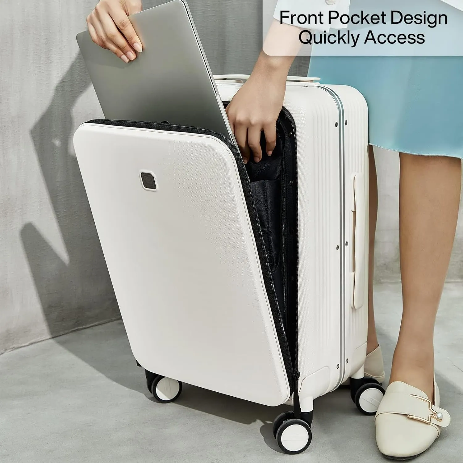 Hanke Grace Hard Shell Suitcases with Wheels,20 Inch Carry On Luggage Airline Approved with Aluminum Frame, Travel suitcase with Front Pocket Travel Luggage for Short Business Trips, Smoke White.