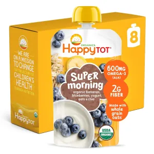 Happy Tot Organic Stage 4 Super Morning Bananas Blueberries Yogurt & Oats   Super Chia, 4 Ounce Pouch (Pack of 8) Baby/Toddler Food Breakfast Pouch, Yogurt Fruit & Oats