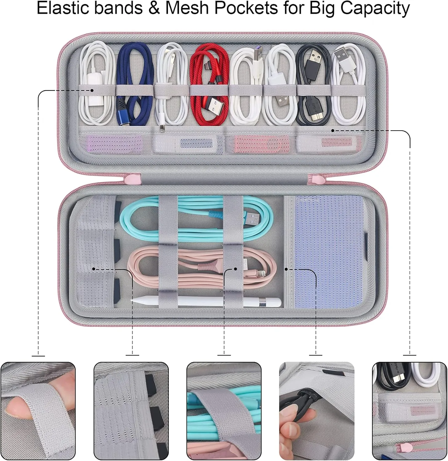 Hard Electronics Organizer, Universal Travel Cable Organizer, Large Electronic Accessories Storage Case Bag for Laptop Adapter, Cord, Charger, Plug, Hard Drive, Earphone, USB Hub, Rose Gold
