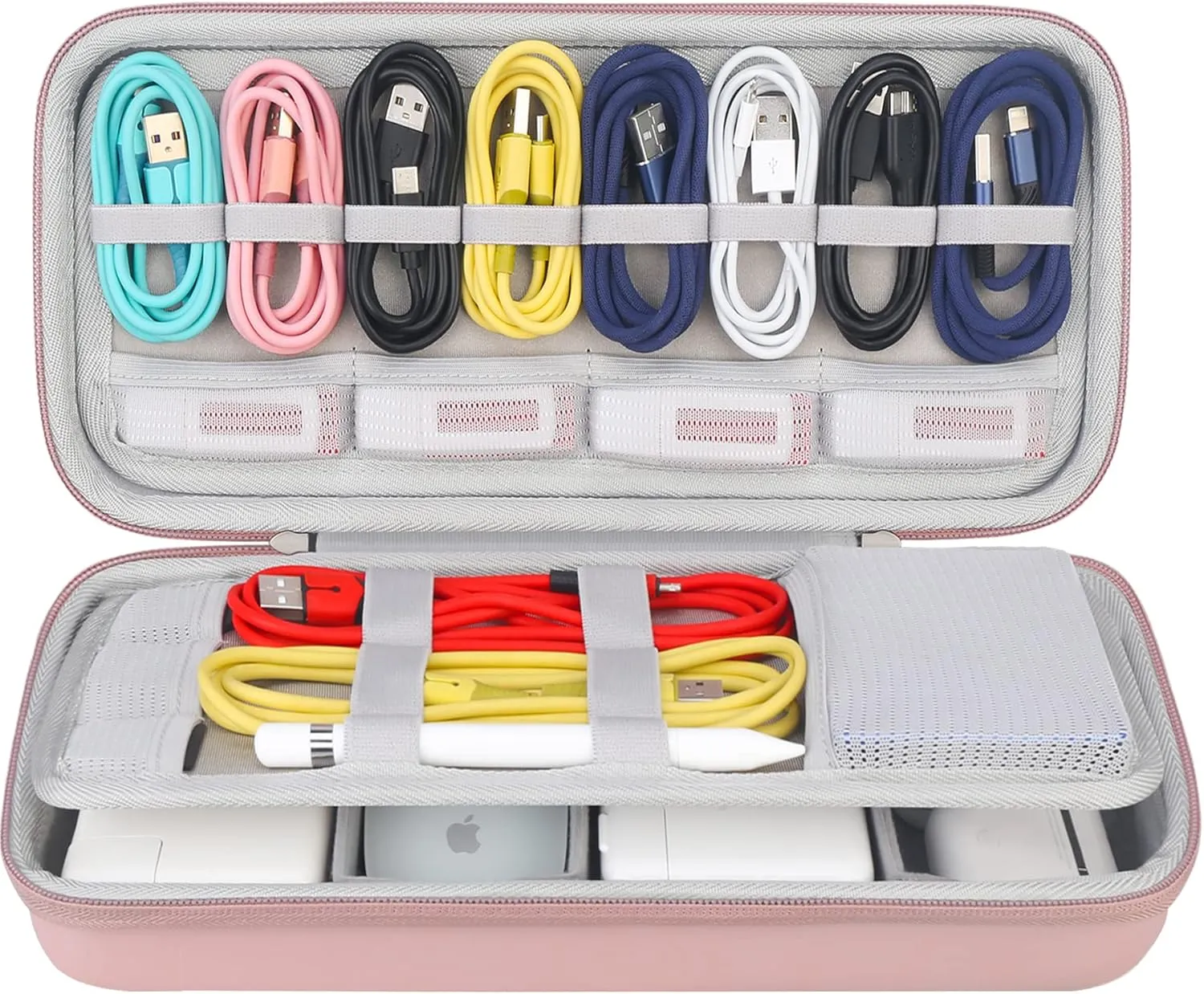 Hard Electronics Organizer, Universal Travel Cable Organizer, Large Electronic Accessories Storage Case Bag for Laptop Adapter, Cord, Charger, Plug, Hard Drive, Earphone, USB Hub, Rose Gold
