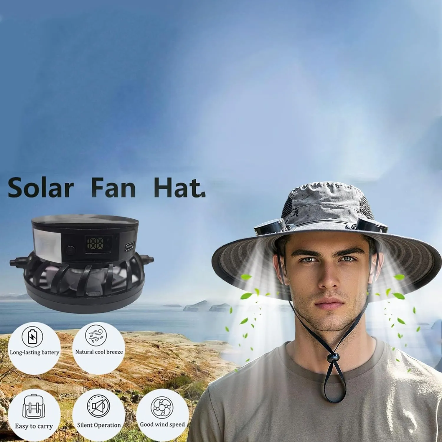 Hat with Fans Solar Power, Wide Brim Solar Fan Hat Outdoor Fishing for Men Women, Quick-Dry Umbrella Hats for Adults