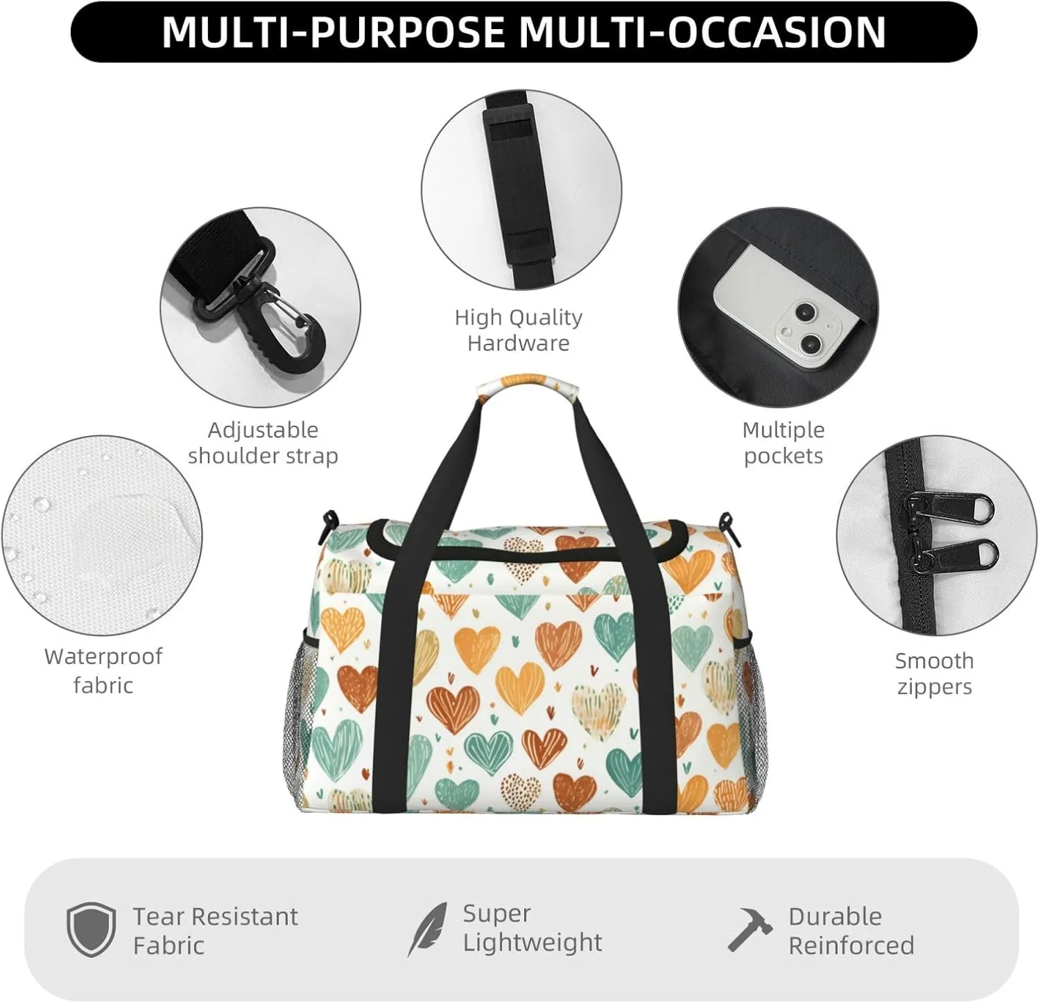 Heart Valentine's Duffle Bag Foldable Travel Tote Bag Carry On Large Weekender Overnight Bags Waterproof Gym Bag For Women Men