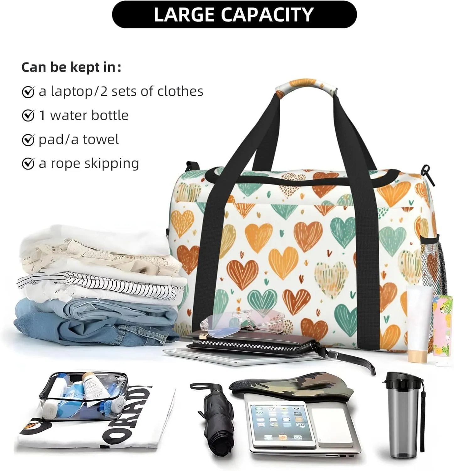 Heart Valentine's Duffle Bag Foldable Travel Tote Bag Carry On Large Weekender Overnight Bags Waterproof Gym Bag For Women Men
