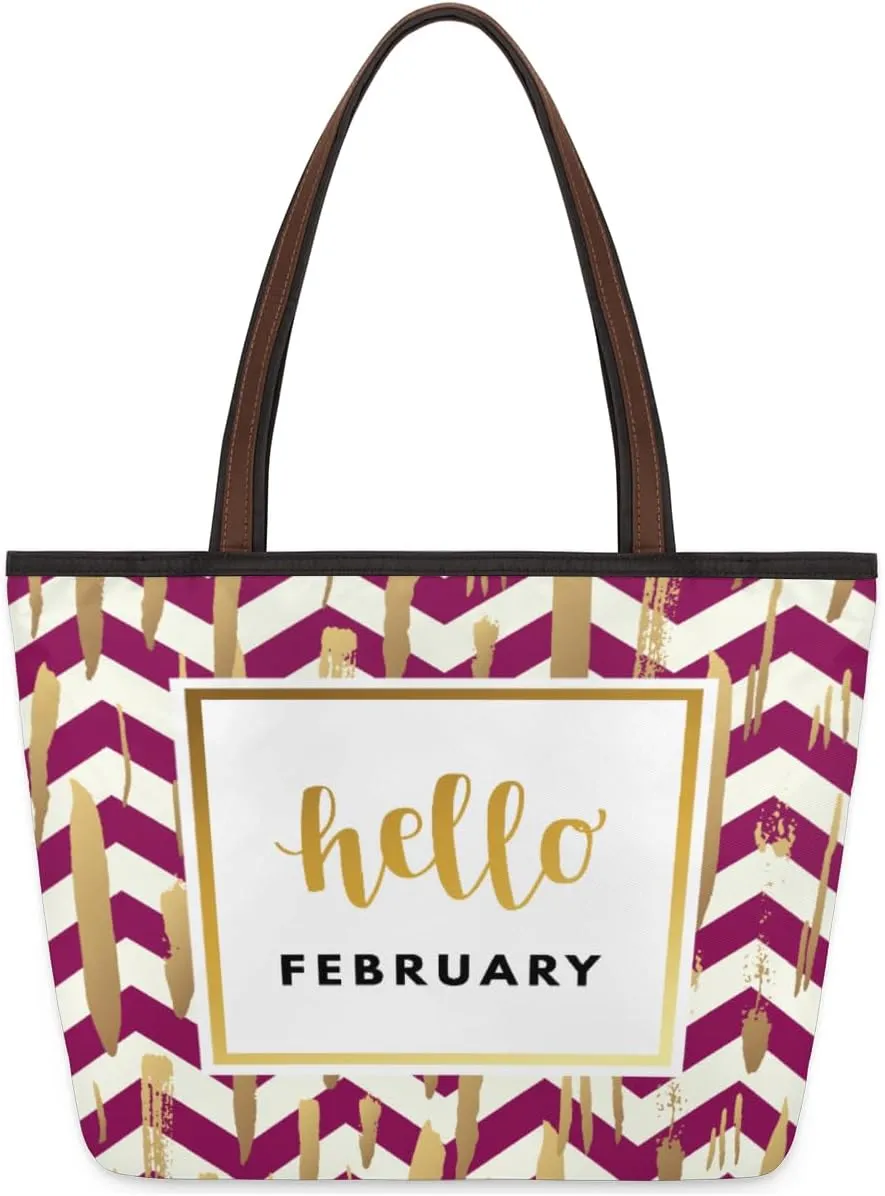 Hello February Spring Tote Bag Tote Purse for Women with Zipper Womens Handbags for Work Travel