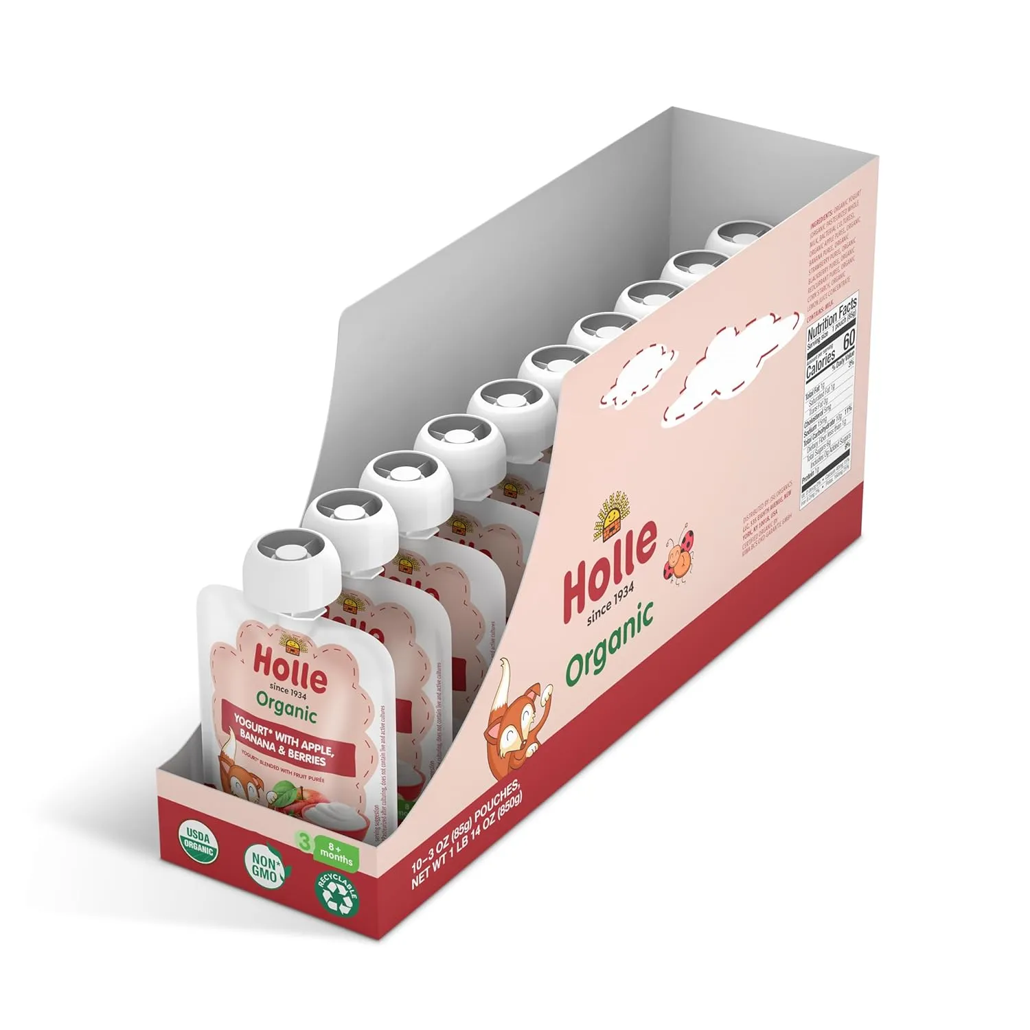 Holle Baby Yogurt Pouches - Organic Yogurt with Apple, Banana & Berry Fruit Purée - Drinkable Pouches for Kids & Babies 8 Months & Up - (10 Pack) Shelf Stable, Non-Gmo with 0 Sugar Added