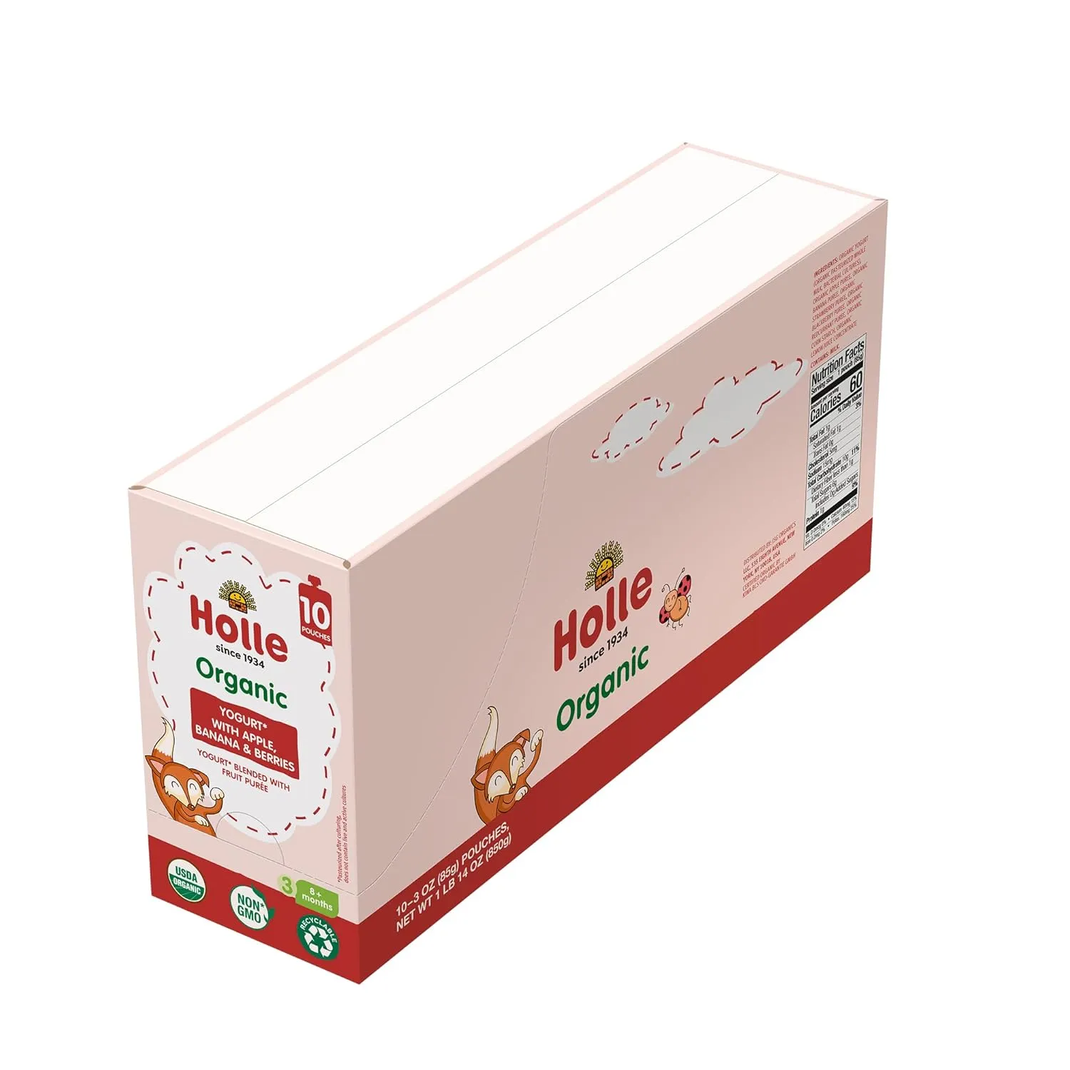 Holle Baby Yogurt Pouches - Organic Yogurt with Apple, Banana & Berry Fruit Purée - Drinkable Pouches for Kids & Babies 8 Months & Up - (10 Pack) Shelf Stable, Non-Gmo with 0 Sugar Added