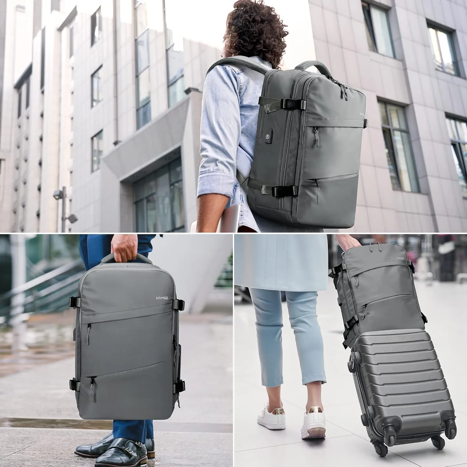 HOMIEE Carry On Bag, Large Travel Backpack Flight Approved Personal Item Bag, Waterproof Luggage Daypack Lightweight Weekender College Business Laptop Backpack, Grey