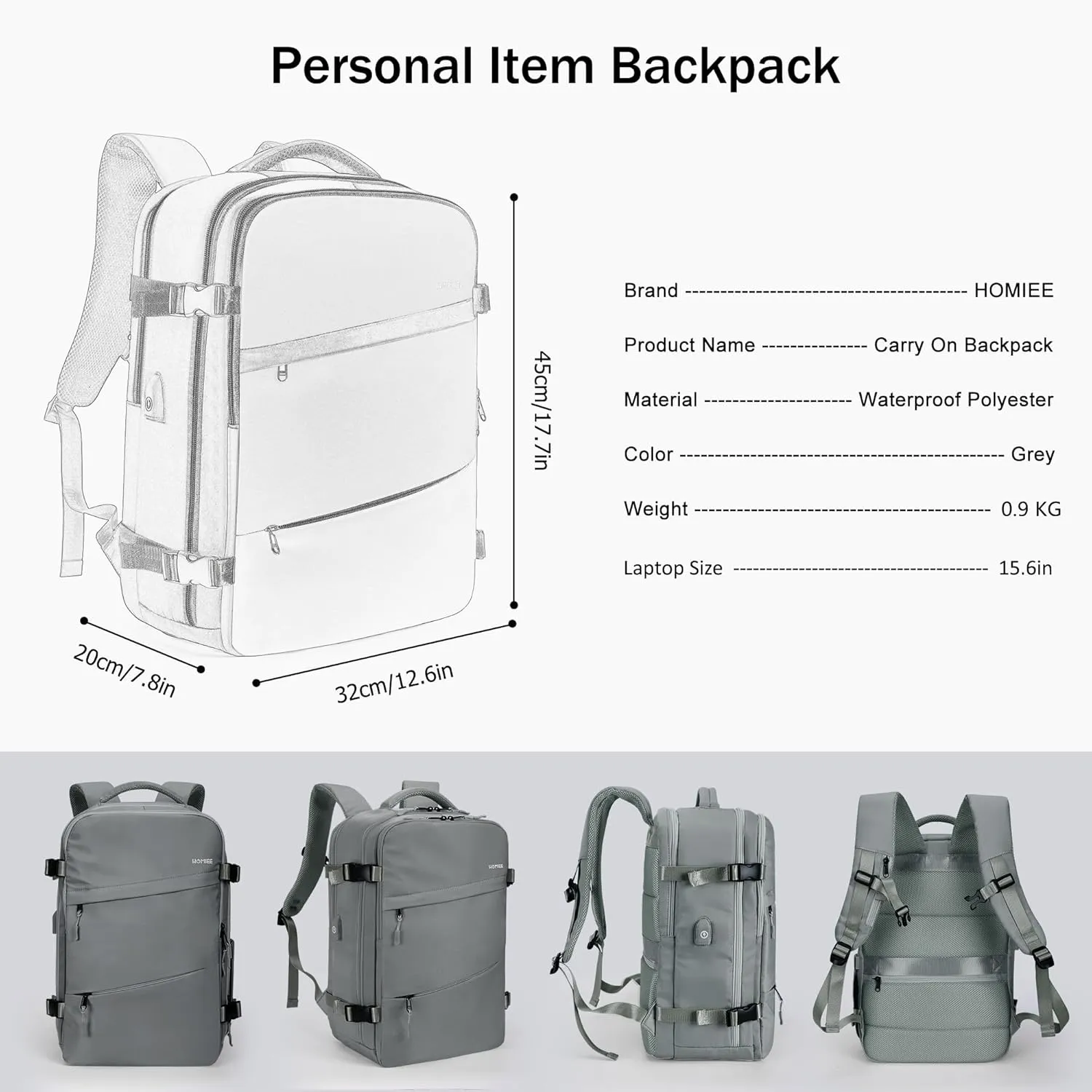 HOMIEE Carry On Bag, Large Travel Backpack Flight Approved Personal Item Bag, Waterproof Luggage Daypack Lightweight Weekender College Business Laptop Backpack, Grey