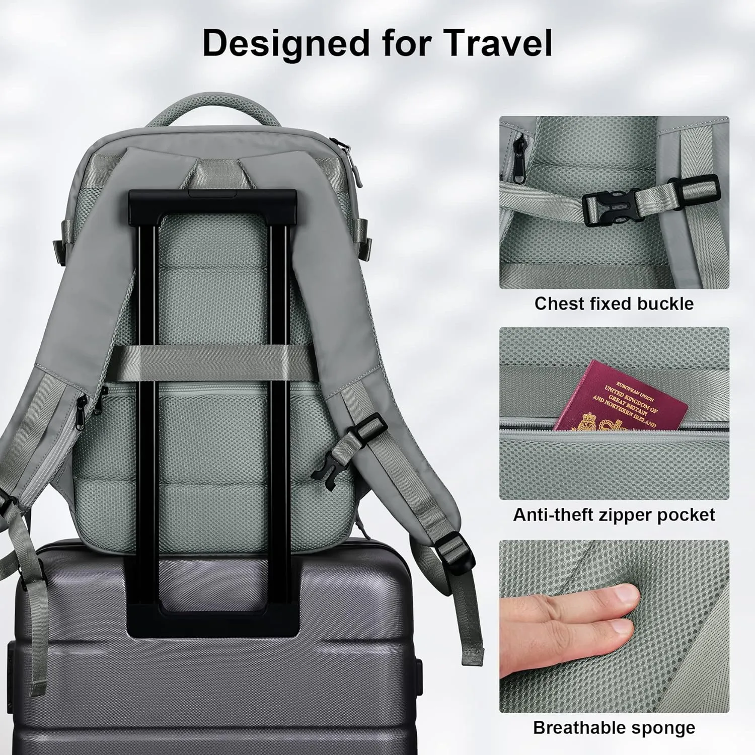 HOMIEE Carry On Bag, Large Travel Backpack Flight Approved Personal Item Bag, Waterproof Luggage Daypack Lightweight Weekender College Business Laptop Backpack, Grey
