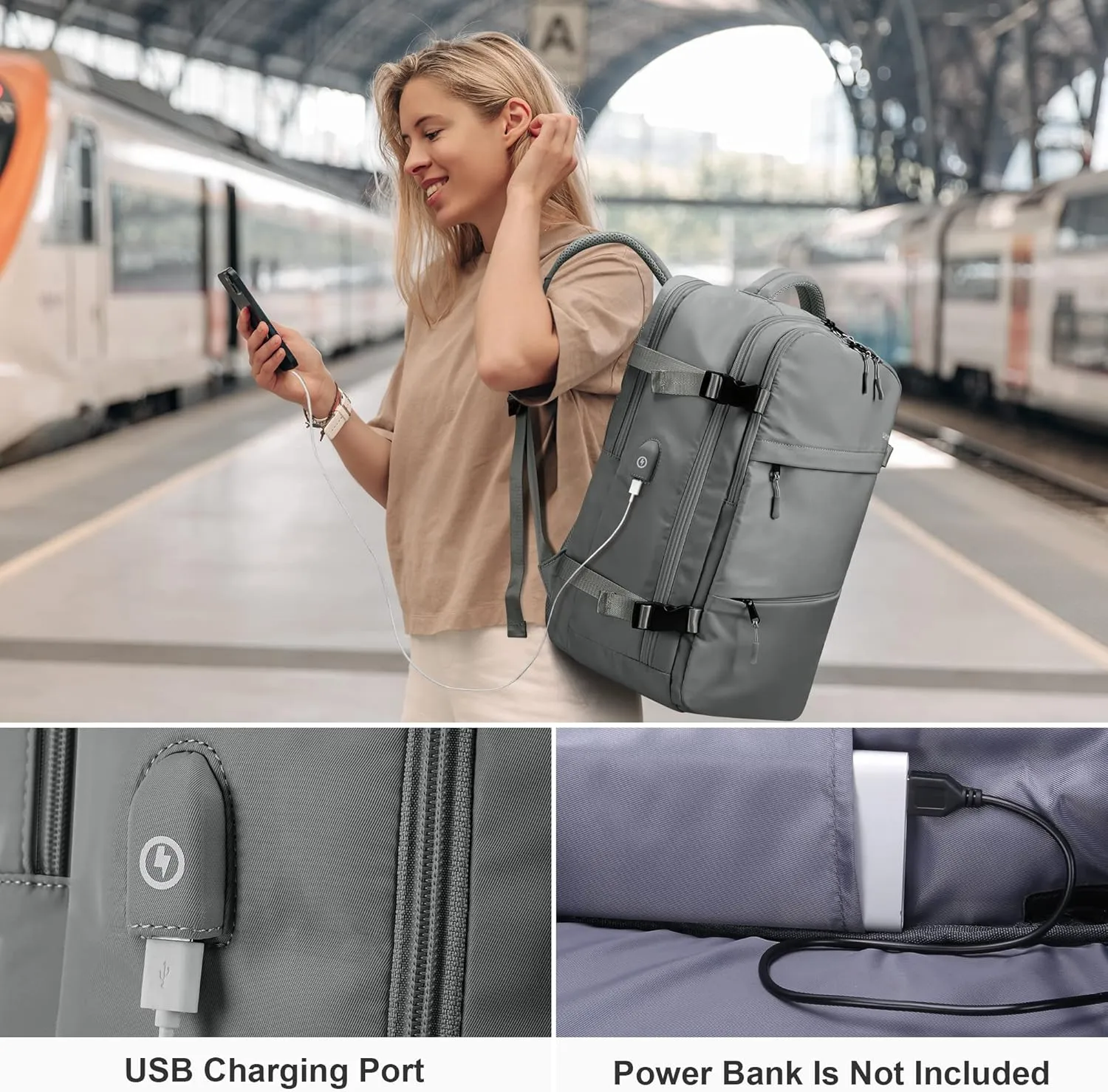 HOMIEE Carry On Bag, Large Travel Backpack Flight Approved Personal Item Bag, Waterproof Luggage Daypack Lightweight Weekender College Business Laptop Backpack, Grey