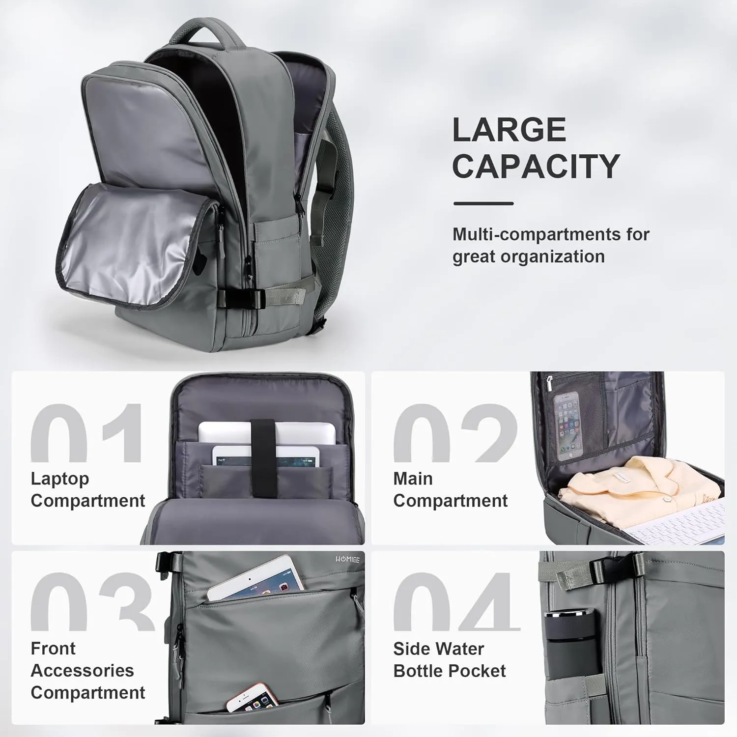 HOMIEE Carry On Bag, Large Travel Backpack Flight Approved Personal Item Bag, Waterproof Luggage Daypack Lightweight Weekender College Business Laptop Backpack, Grey