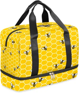 Honeycomb Bee Sports Gym Bag for Men Women Animal Yellow Honeybee Travel Duffel Bag with Shoes Compartment Workout Weekender Overnight Bag Dance Bag for Kids Girls Boys Teens