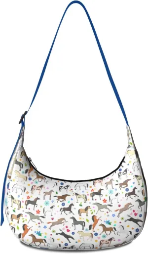 Horse Sling Crossbody Bag for Women Crescent Bag with Adjustable Strap Waterproof Nylon Pony Floral Shoulder Bag for Daily