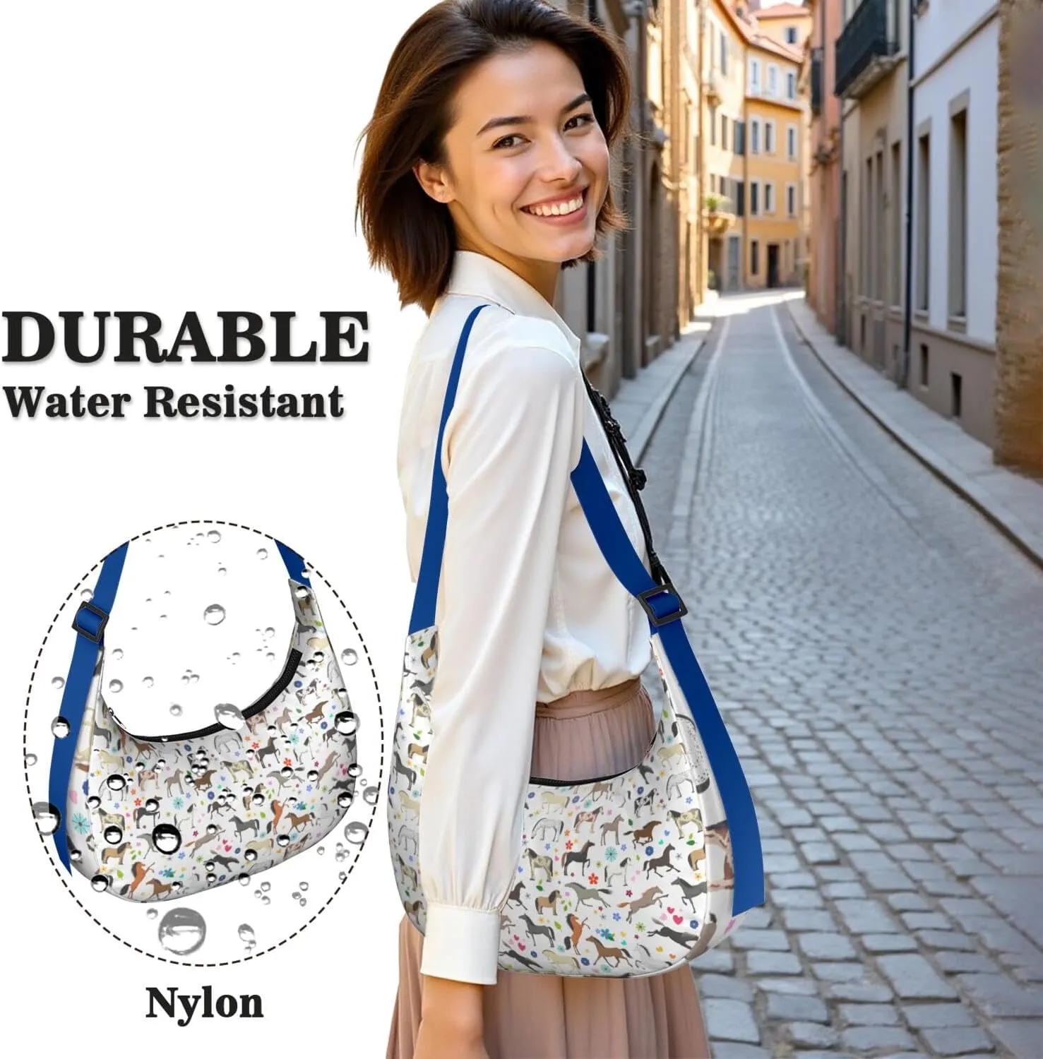 Horse Sling Crossbody Bag for Women Crescent Bag with Adjustable Strap Waterproof Nylon Pony Floral Shoulder Bag for Daily