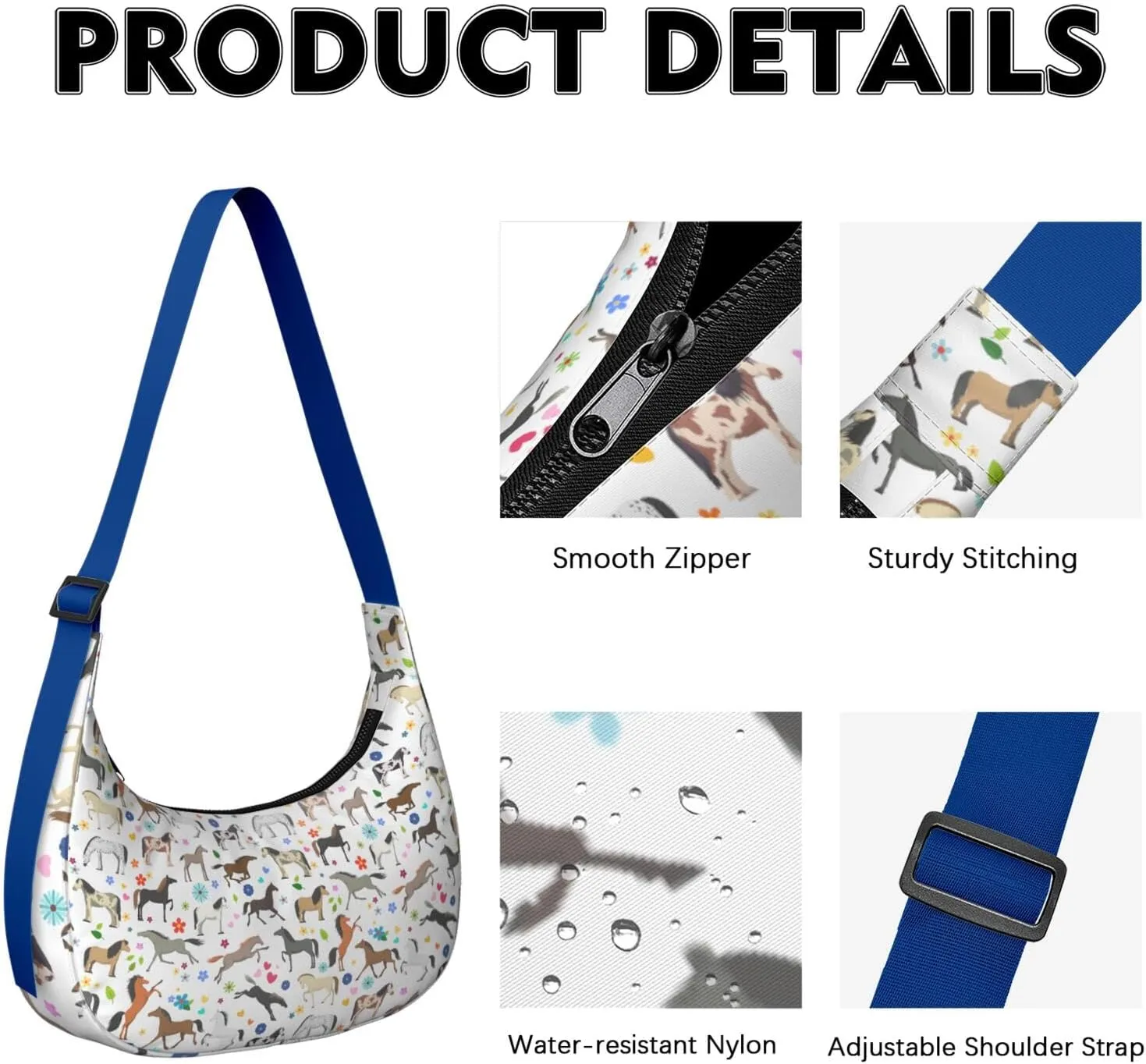 Horse Sling Crossbody Bag for Women Crescent Bag with Adjustable Strap Waterproof Nylon Pony Floral Shoulder Bag for Daily
