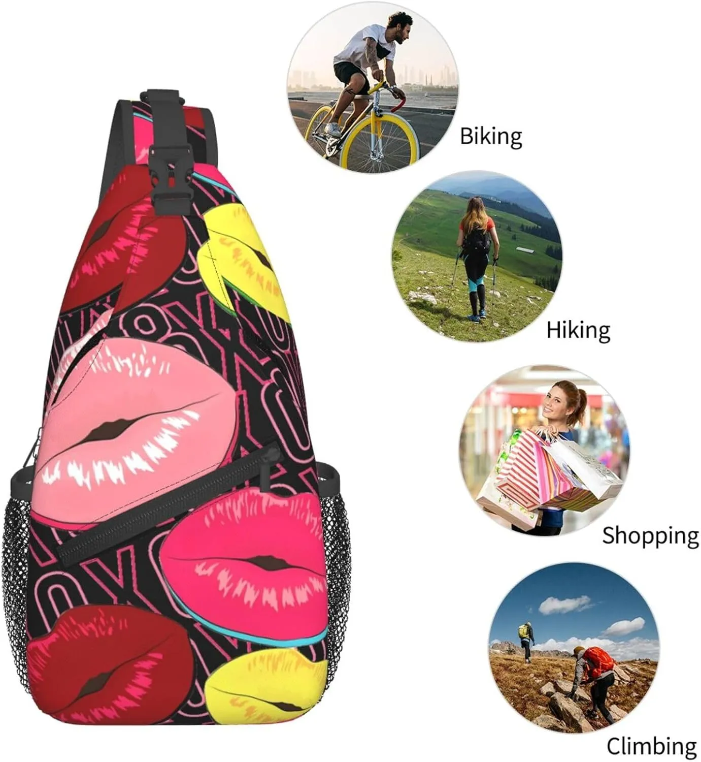 Hot Pink Red Yellow Lips Chest Sling Bag Crossbody Shoulder Backpack Bag Gym Cycling Daypack Travel Hiking Cross Bag