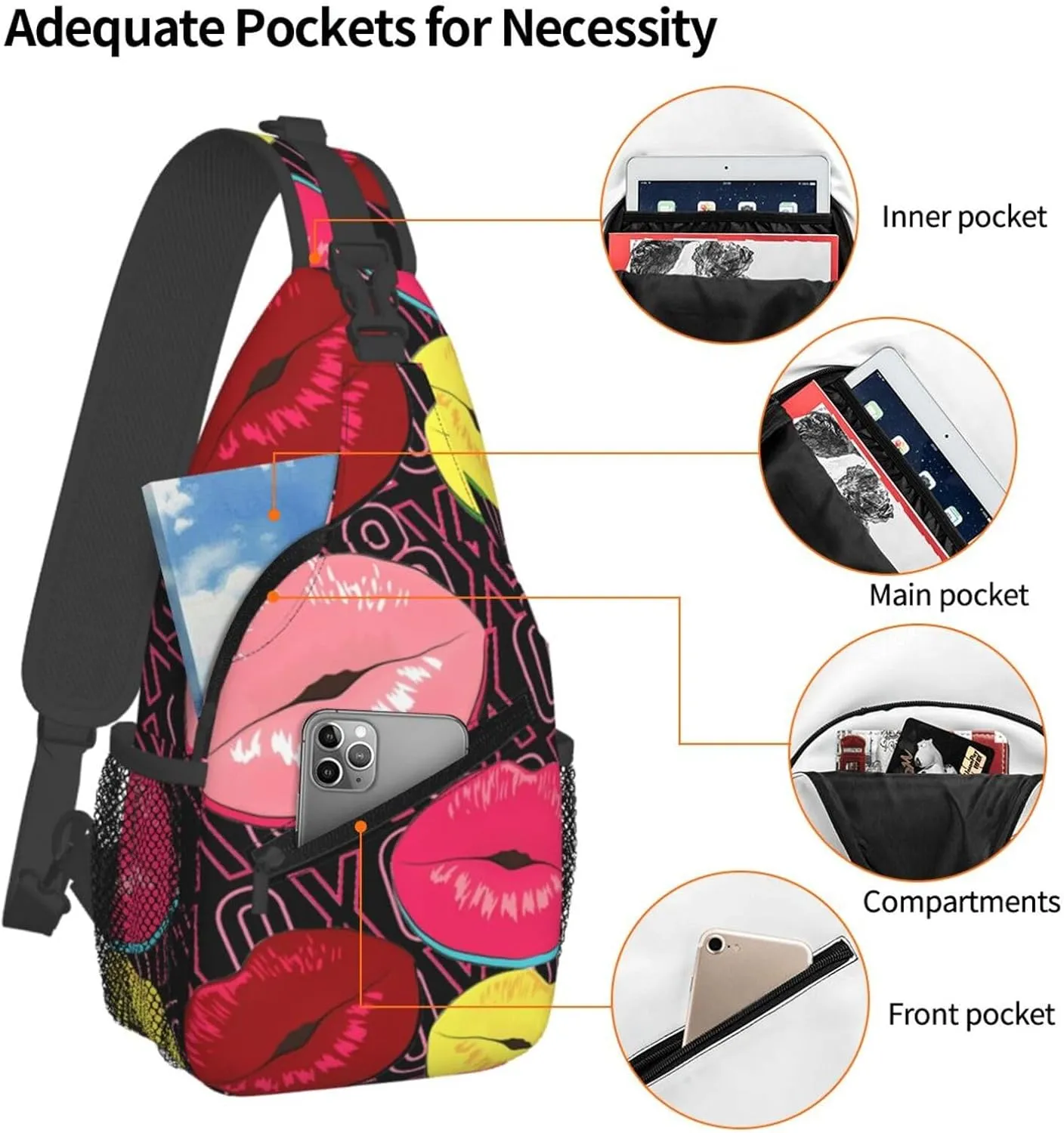 Hot Pink Red Yellow Lips Chest Sling Bag Crossbody Shoulder Backpack Bag Gym Cycling Daypack Travel Hiking Cross Bag