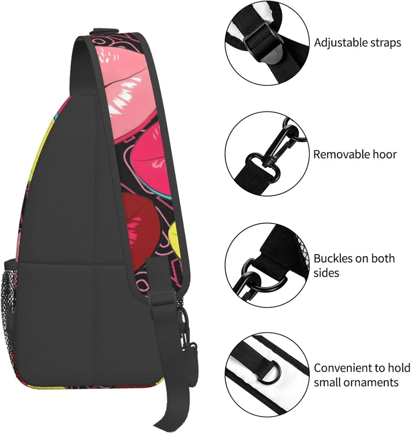 Hot Pink Red Yellow Lips Chest Sling Bag Crossbody Shoulder Backpack Bag Gym Cycling Daypack Travel Hiking Cross Bag