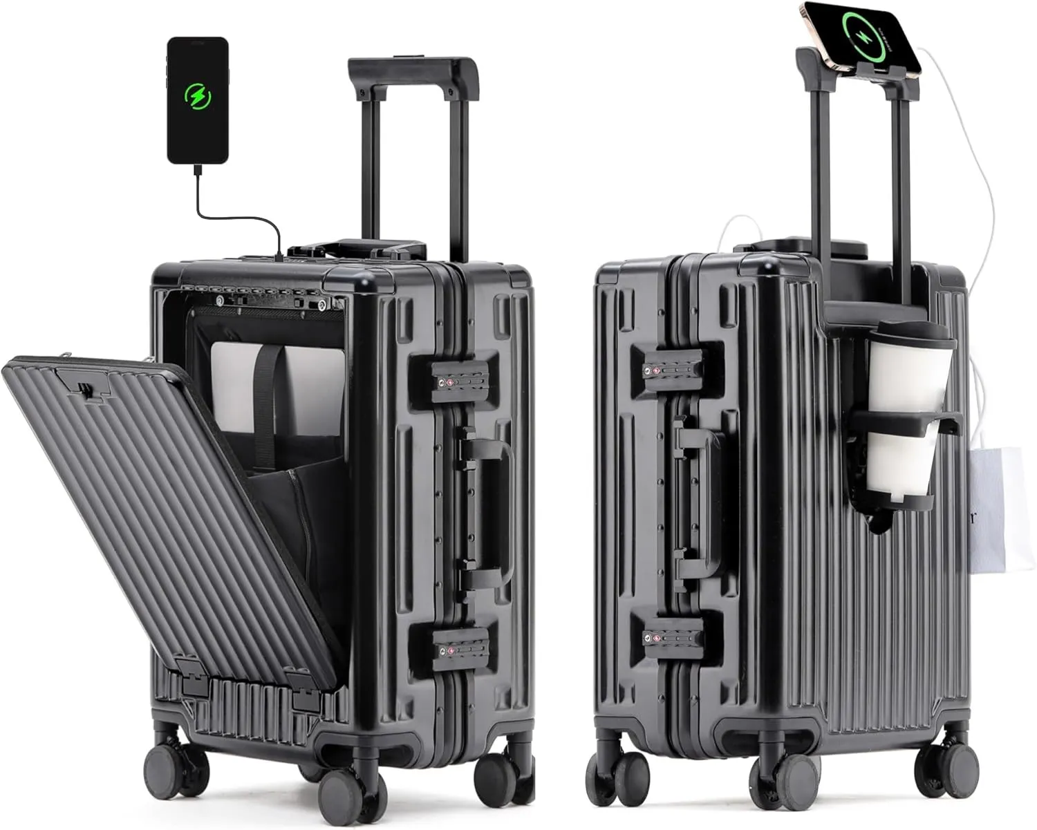 HotWay 20 Inch Carry On Luggage with Cup Phone Holder and Laptop Compartment, PC Hard Shell Suitcase with Spinner Wheels and USB Port, Black Luggage for Business Travel (22x14x9 Airline Approved)