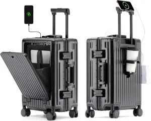 HotWay 20 Inch Carry On Luggage with Cup Phone Holder and Laptop Compartment, PC Hard Shell Suitcase with Spinner Wheels and USB Port, Black Luggage for Business Travel (22x14x9 Airline Approved)